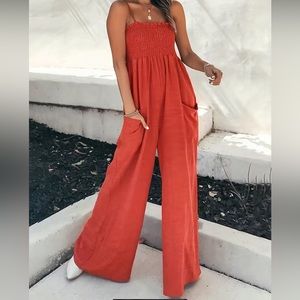 SHIRRED SPAGHETTI JUMPSUIT